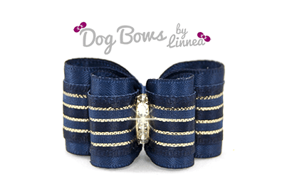 Navy Blue Satin Sheer Gold Stripe